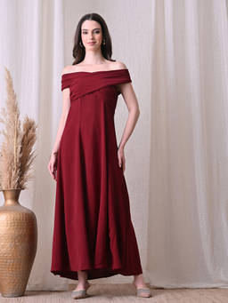 Ikonic Klaer - Women Maroon Solid Off-Shoulder Maxi Dress