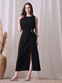 Ikonic Klaer - Women Black Solid Sleeveless Waist Detail Dress
