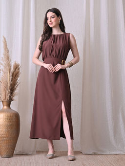 Ikonic Klaer - Women Brown Solid Sleeveless Waist Detail Dress