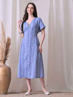 Ikonic Klaer - Women Blue Printed V-Neck Button-Down Midi Dress