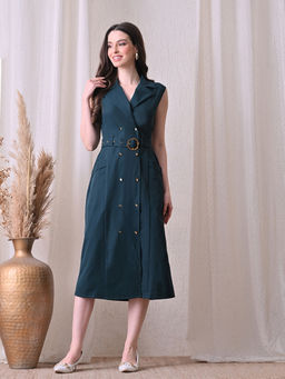 Ikonic Klaer - Women Teal Solid Sleeveless Blazer Dress with Belt