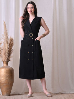 Ikonic Klaer - Women Black Solid Sleeveless Blazer Dress with Belt