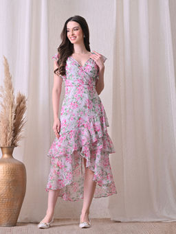 Ikonic Klaer - Women Multi-Color Floral Printed V-Neck High-Low Dress