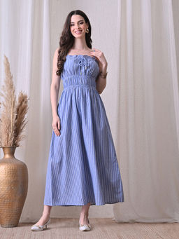 Ikonic Klaer - Women Blue Striped Smocked Tube Midi Dress