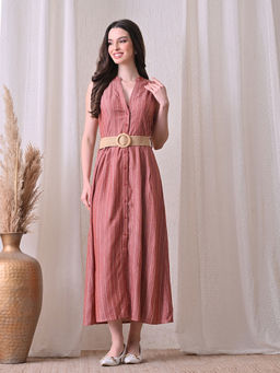 Ikonic Klaer - Women Peach Striped Sleeveless Midi Dress with Belt