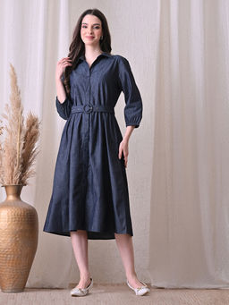 Ikonic Klaer - Women Navy Blue Solid Shirt Collar Dress with Belt