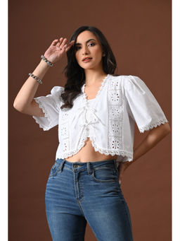 Ikonic Klaer - Women White Schiffli Embroidered Crop Top