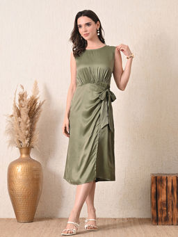 Ikonic Klaer - Women Angela-Olive Solid Satin Midi Dress
