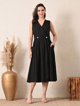 Ikonic Klaer - Women Farah- Black Wrap Gathered Midi Dress