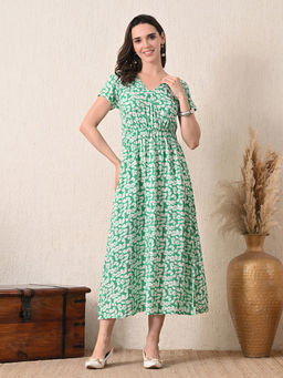 Ikonic Klaer - Women Green Floral Printed V-Neck Dress