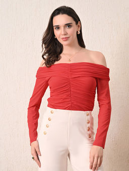 Ikonic Klaer - Women Red Off Shoulder Long Sleeves Top