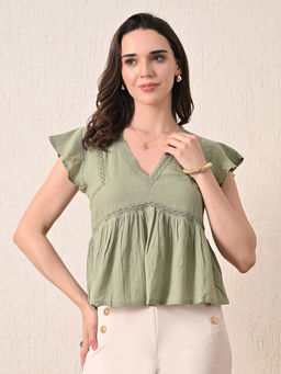 Ikonic Klaer - Women Olive Self Design Lace Detail Peplum Top