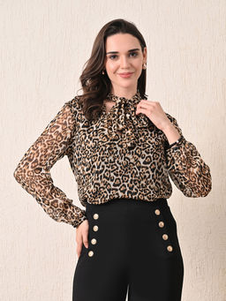 Ikonic Klaer - Women Multi-Color Animal Printed Tie-Up Neck Top