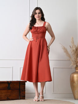 Ikonic Klaer - Women Rust Solid Corset Style Midi Dress