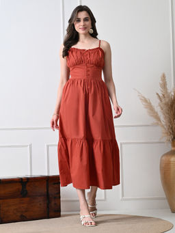 Ikonic Klaer - Women Rust Solid Midi Dress