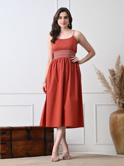 Ikonic Klaer - Women Rust Solid Smocked Midi Dress