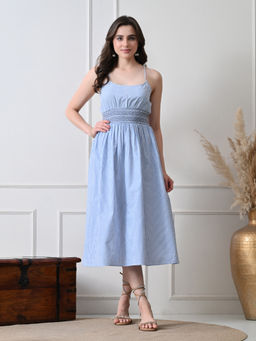 Ikonic Klaer - Women Blue Stripes Smocked Midi Dress