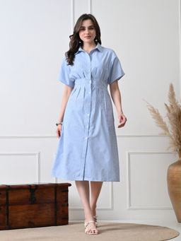 Ikonic Klaer - Women Blue Stripes Shirt Collar Midi Dress