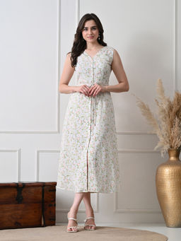 Ikonic Klaer - Women Off White Floral Printed Midi Dress with Belt