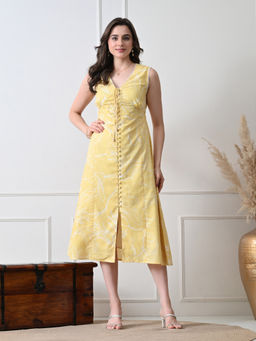 Ikonic Klaer - Women Yellow Floral Printed Midi Dress