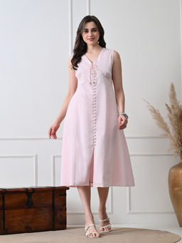Ikonic Klaer - Women Pink Solid Button-Down Midi Dress