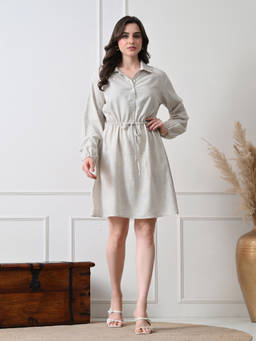 Ikonic Klaer - Women Grey Shirt Collar Drawstring Waist Shirt Dress