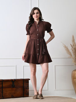 Ikonic Klaer - Women Brown Button-Down Dress with Belt