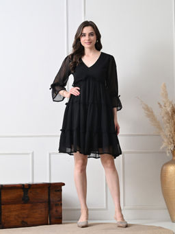 Ikonic Klaer - Women Solid Black Chiffon Flared Dress