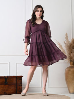 Ikonic Klaer - Women Solid Purple Chiffon Flared Dress