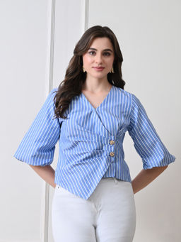 Ikonic Klaer - Women Blue and White Stripes Wrap Top