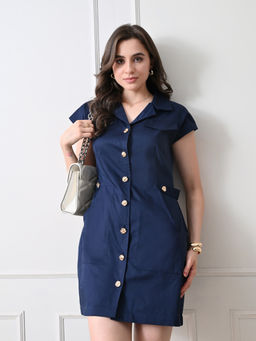Ikonic Klaer - Women Navy Blue Solid Shirt-Style Dress