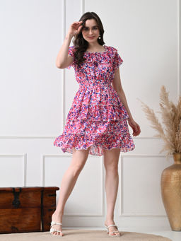 Ikonic Klaer - Women Pink and Blue Floral Printed Fit and Flare Dress