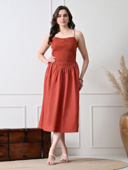 Ikonic Klaer - Women Rust Smocked Midi Dress