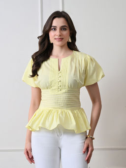 Ikonic Klaer - Women Yellow Solid Pintuck Peplum Top