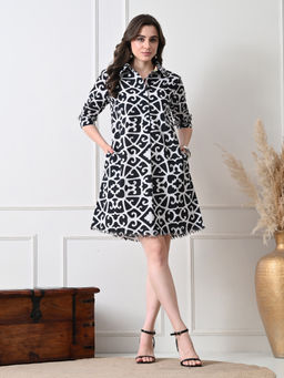 Ikonic Klaer - Women Black and White Printed Shirt Dress