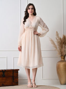Ikonic Klaer - Women Cream Self Design Lace Detail Dress