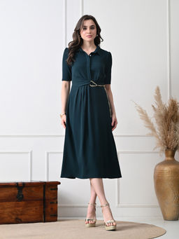 Ikonic Klaer - Women Teal Solid Shirt Collar Midi Dress