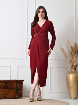 Ikonic Klaer - Women Maroon Solid Wrap Style Dress