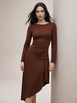 Outzidr - Women Brown Solid High Neck Asymmetric Dress