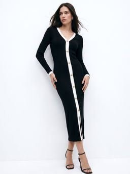 Outzidr - Women Black Contrast Placket Button Down Dress
