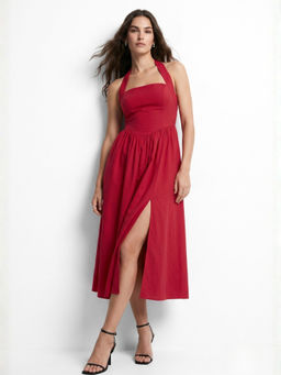 Outzidr - Women Red Solid Halter Neck Dress