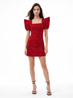 Outzidr - Women Red Floral Puff Sleeves Mini Dress