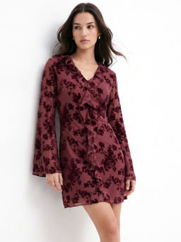 Outzidr - Women Wine Floral Mesh Ruffled Detail Dress