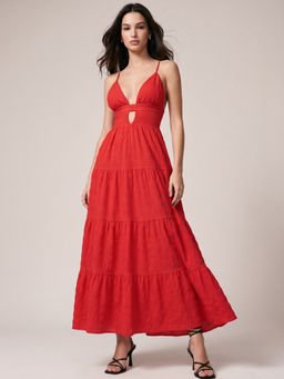 Outzidr - Women Red Stylish Tiered Dress