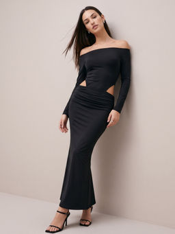 Outzidr - Women Black Solid Off Shoulder Cut Out Maxi Dress