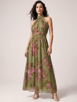 Outzidr - Women Green Halter Neck Floral Printed Dress