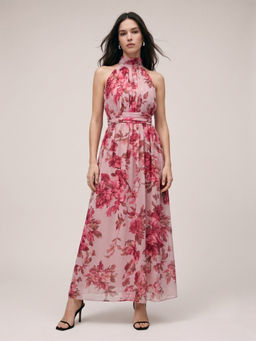 Outzidr - Women Pink Halter Neck Floral Printed Dress