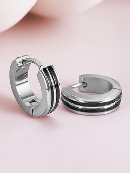 Peora - Silver Plated Black Striped Fancy Hoop Earrings