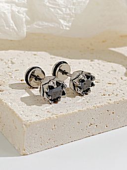 Peora - Silver Plated Black Synthetic Stone Stud Earrings