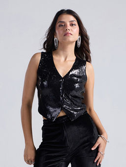 Twenty Dresses by Nykaa Fashion - Black Sequin V Neck Buttoned Down Waistcoat